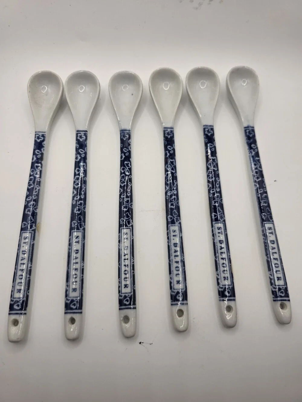 St. Dalfour Set of 6 Vintage French Porcelain Jam Tea 7” Spoons Blue White